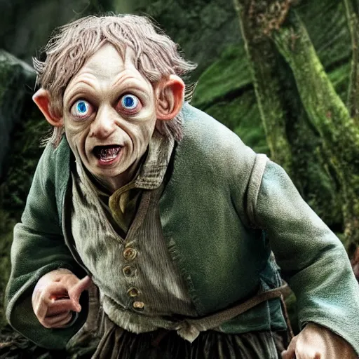 Image similar to Bilbo Baggins as Gollum, realistic, photo