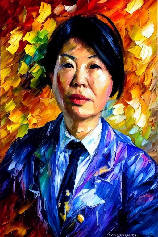 Image similar to palette knife oil painting portrait of police psychiatrist tracy wong, extreme detail, style by leonid afremov and degas, artstation trending, artgerm, deviant art, octane, substance, art history 8 k