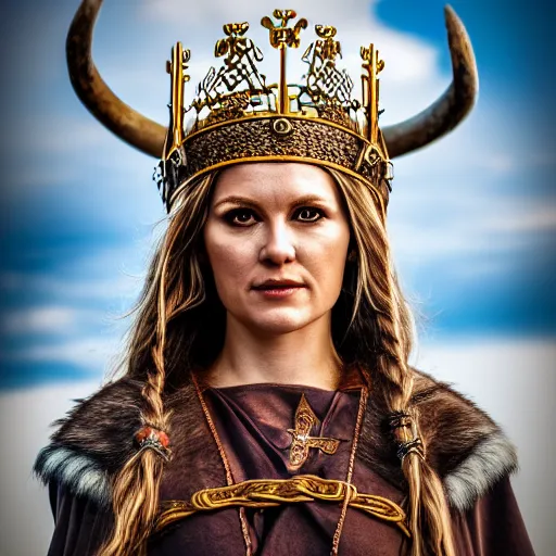 Image similar to photo of a beautiful viking queen with ornate crown and robes, highly detailed, 4k, HDR,