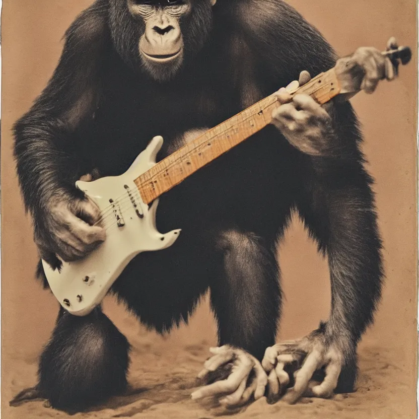 Image similar to portrait of an ape playing a guitar, polaroid