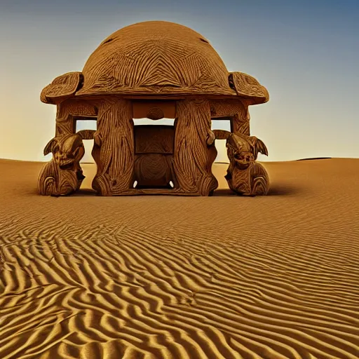 Prompt: desert temple surrounded by large dunes, carving, digital art