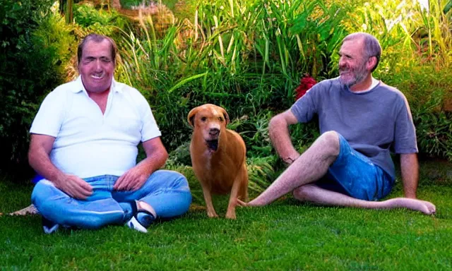 Image similar to My dad Steve just took a hit from the bongo and have good time being gracefully relaxed in the garden, sunset lighting. My second name is Carell. My dad second name is Carell. Im the dog and Steve Carell is my dad. Detailed face