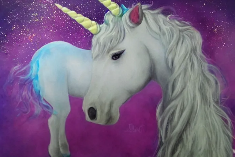 Image similar to the most horrible unicorn art imaginable, airbrush, sparkles, trashy