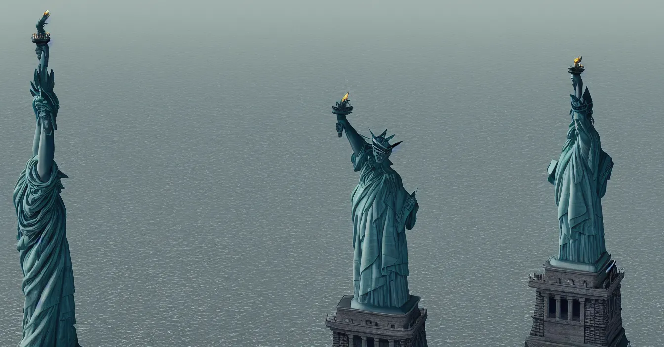 Prompt: the statue of liberty is riding chopper, nice atmosphere, cinematic composition, depth, defocus, rendered in vray, raytracing, by ilm, digital domain, weta digital