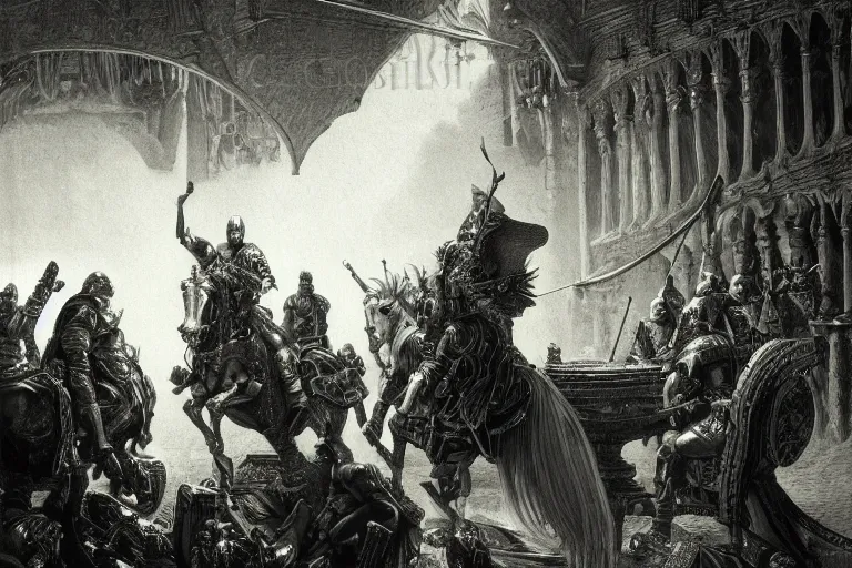 Image similar to highly detailed picture of open book on the table, the knight emerges from the open page of the book, the knight emerges from the open page of the book, don quixote, cinematic romantic magical masterpiece, by gene wolfe, highly detailed painting by gustave dore