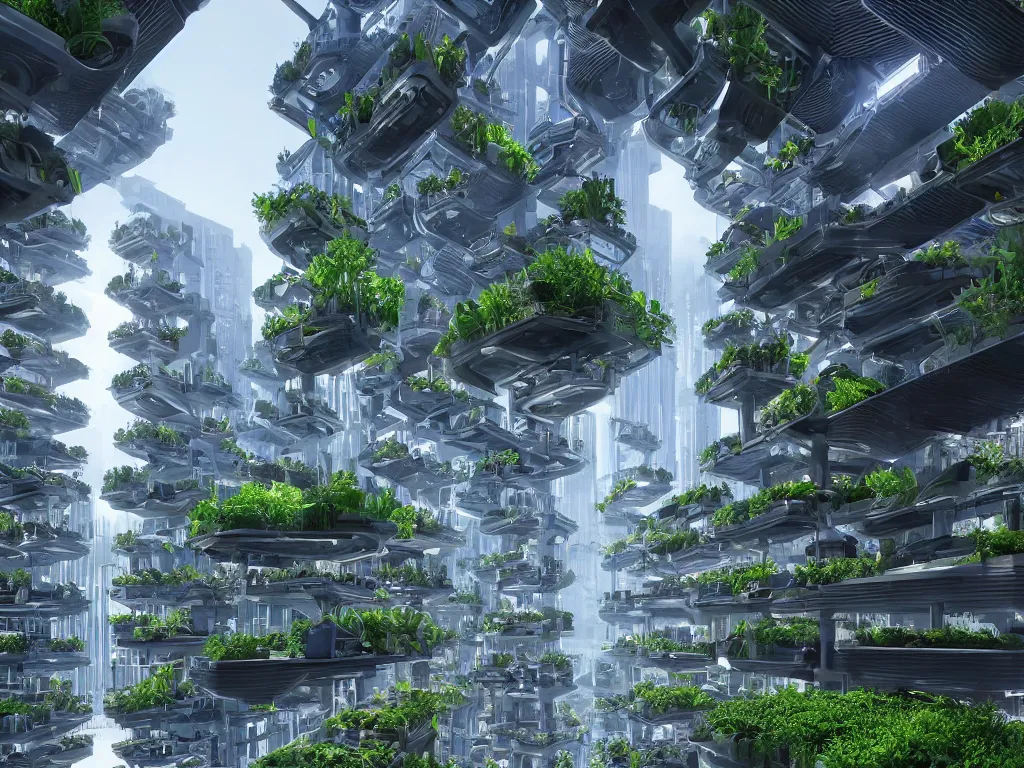 Prompt: futuristic vertical farm growing food in a cyberpunk high rise, 3 point perspective, atmospheric, morning light, foggy, ultra - hd, ultra - realistic