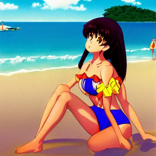 Image similar to girl in a swimsuit at the beach, visual novel cg, 8 0 s anime vibe, kimagure orange road, maison ikkoku, trending on artstation