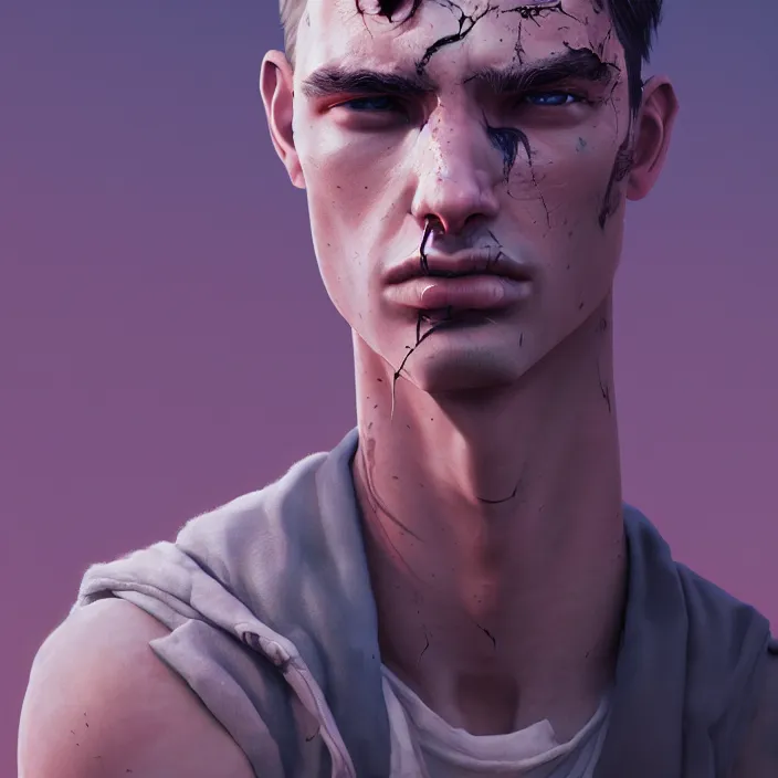 Image similar to portrait of a male model with a scar over his eye, by Tooth Wu, wlop, beeple, dan mumford. octane render, trending on artstation, greg rutkowski very coherent symmetrical artwork. cinematic, hyper realism, high detail, octane render, 8k, iridescent accents