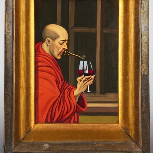 Image similar to painting of a monk drinking wine in the style of Eduard Von Grutzner