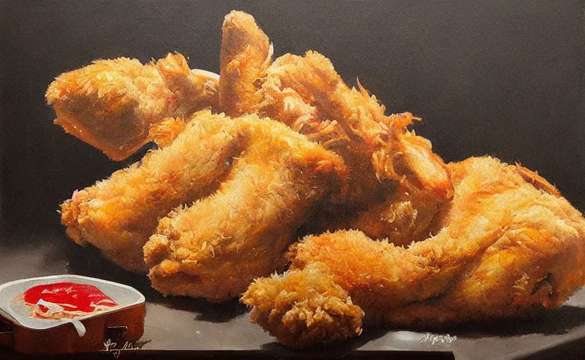 Image similar to a painting of forbidden fried chicken trending on artstation in the style of greg rutkowski, fried, chicken, kfc, puppies, dog, golden doodle