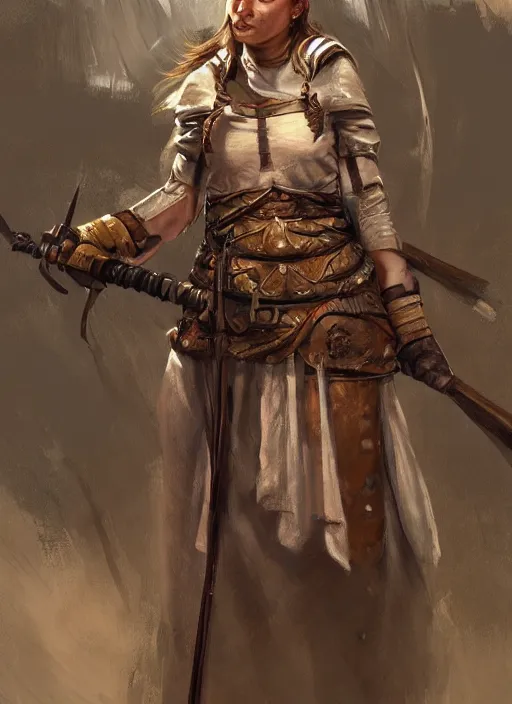 Image similar to highly detailed painting of a cleric warrior woman by jon foster, high fantasy, trending on artstation