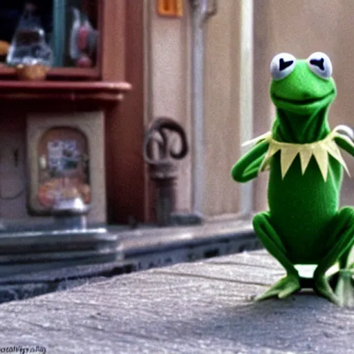 Image similar to a still of kermit the frog in spirited away,