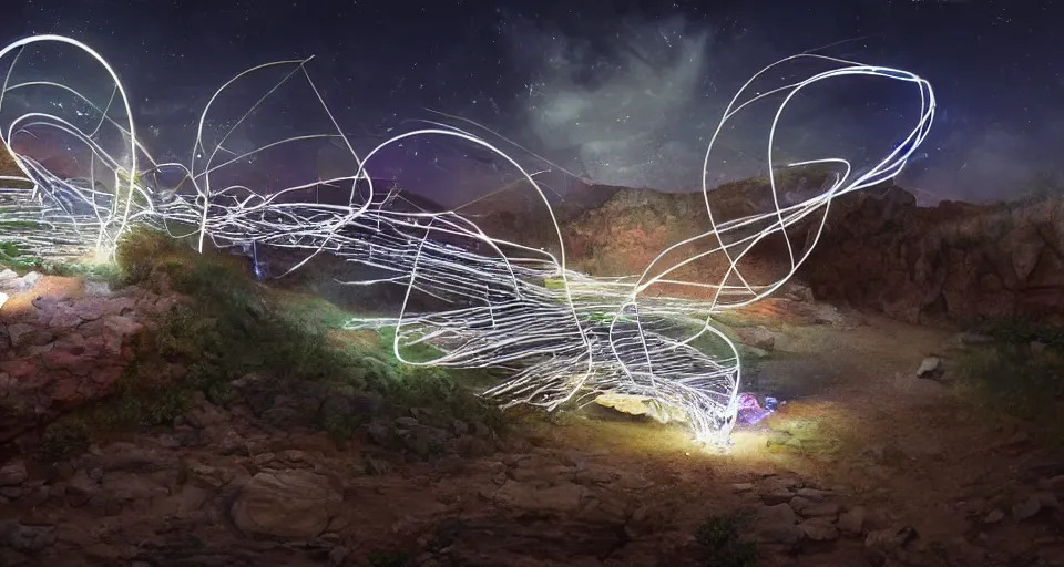 Image similar to miniature installation, macro photography, night, a lot of people and a spiral - shaped white luminous attractor is floating in grand canyon, concept art, art for the game, professional lighting, art