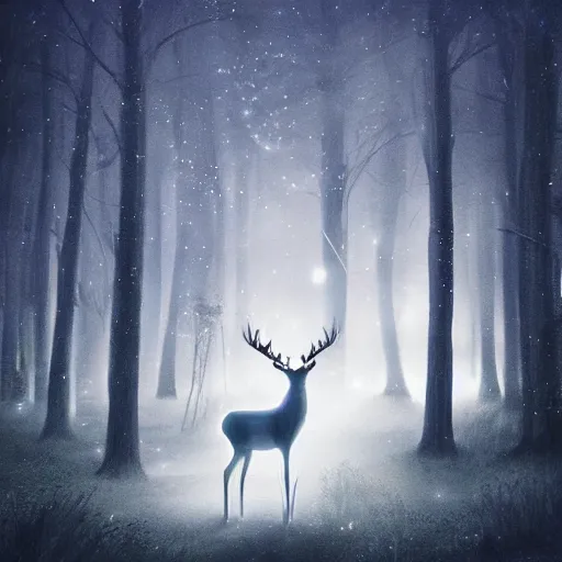 Image similar to white glowing deer standing in the middle of a forest at night, a hologram by wolfgang zelmer, featured on deviantart, magic realism, made of mist, bioluminescence, storybook illustration