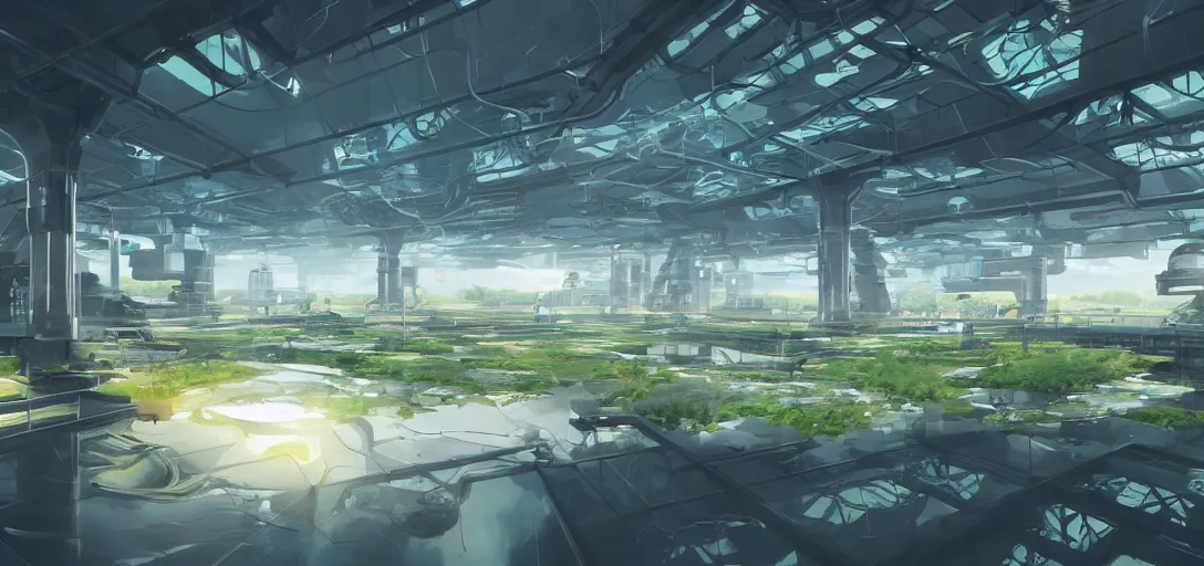 Prompt: a futuristic laboratory built into a farm, flooded fields of water as far as the eye can see, overwatch style, anime inspired, 2d art concept, beautiful render, peaceful, early morning