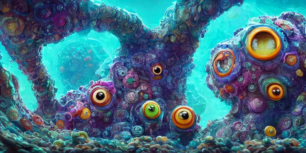 Image similar to of an intricate sea reef with strange cute friendly happy creatures with huge eyes, mouth, long tongue, round teeth and goofy face, appearing from the background, in the style of gehry and gaudi, macro lens, shallow depth of field, ultra detailed, digital painting, trending artstation, concept art, illustration, cinematic lighting, photorealism, epic, octane render