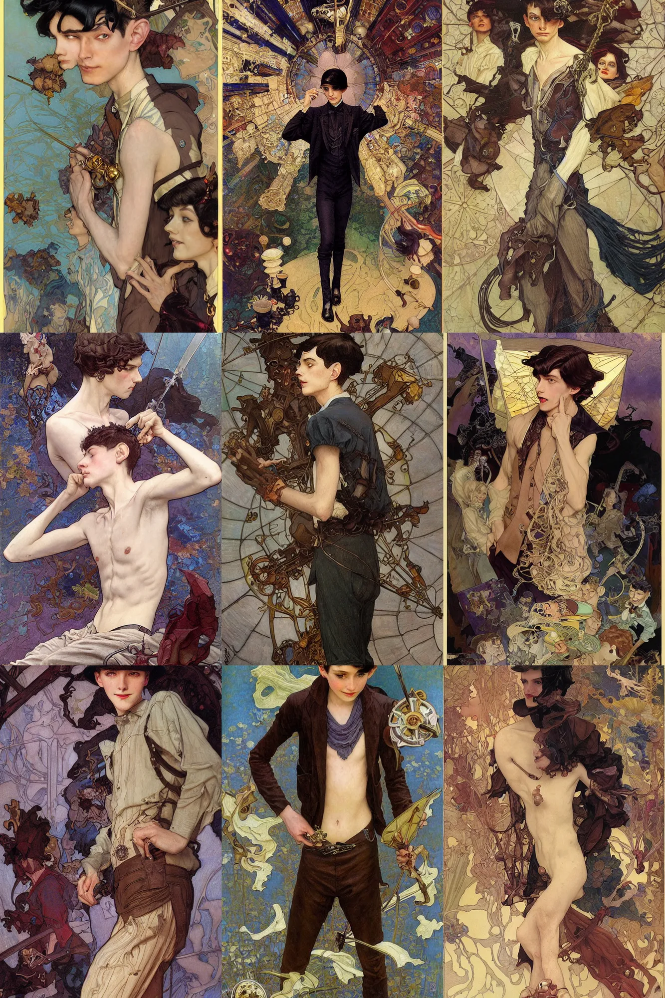 Prompt: thin teenage boy, dark hair, 1 9 2 0 s fashion, fantasy, art by joseph leyendecker, donato giancola, dean cornwell, peter mohrbacher, ruan jia, marc simonetti, ayami kojima, cedric peyravernay, alphonse mucha, thomas kinkade, victo ngai