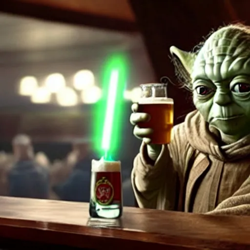 Image similar to film still of yoda drinking beer in a bar in the new star wars movie 4 k