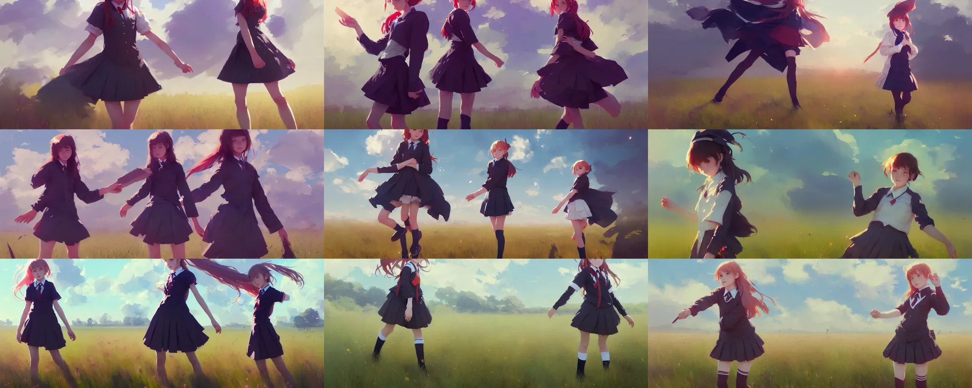 Prompt: girl with wearing magic school uniform, middle of a field, illustration, digital painting, concept art, trending on artstation, pixiv, art by ruan jia and makoto shinkai