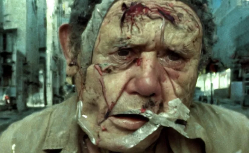 Image similar to a movie still of trashman by walerian borowczyk, portrait, kissing, heavy grain, technicolor, high definition, remastered, 3 5 mm, portrait, cinematic lightning, argentic, scratches, old, torned up