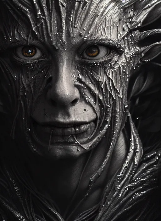 Image similar to realistic portrait of beautifully crystalized and detailed portrait of a goblin, matte painting of cinematic movie scene, dystopian environment, horror, created by gustave dore and greg rutkowski, high detailed, smooth draw, synthwave neon retro, intricate, realistic proportions, dramatic lighting, trending on artstation.