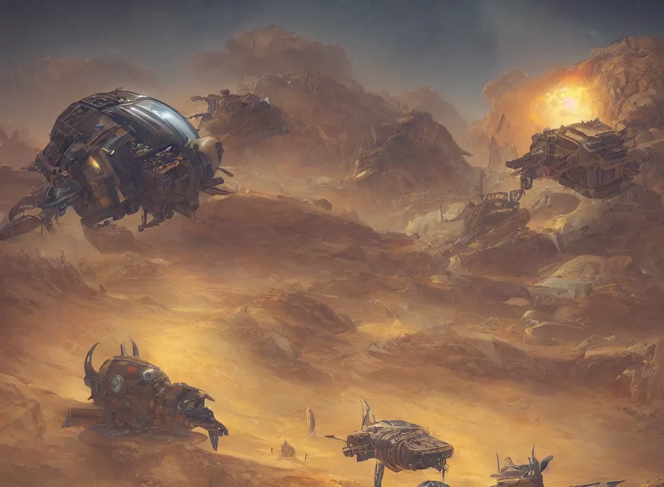 Image similar to gigantic dieselpunk space ship crash landed on desert planet by peter mohrbacher, firefly, unreal engine 5, extreme detail, hyper realism, realistic shading, cinematic composition, realistic render, octane render, detailed textures, photorealistic, colorful, raytracing