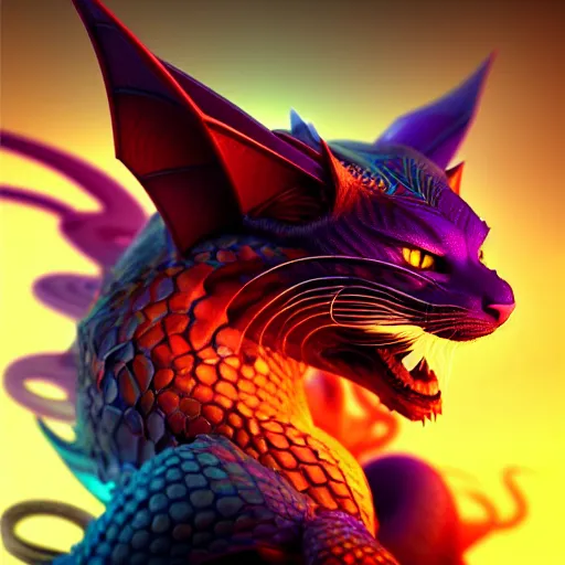 Image similar to beautiful colorful dragon cat. intricate portrait, occult cyberpunk, ancient futuristic, dark art, occult. by Petros Afshar, by artgerm, by Eddie Mendoza, by Peter mohrbacher, octane render, 3d, unreal engine, depth of field, bokeh, motion blur, blur