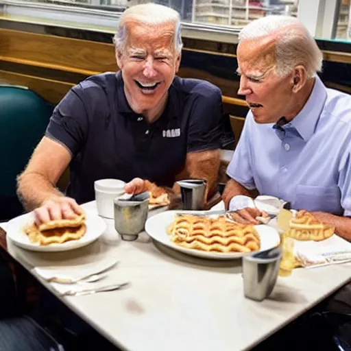 Image similar to photograph of trump and Biden sitting and eating breakfast at a Wafflehouse