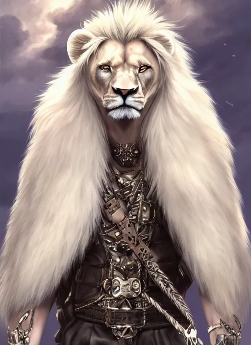 Prompt: aesthetic portrait commission of a of a male fully furry muscular anthro albino lion wearing attractive leather harness and shorts with a tail and a beautiful attractive hyperdetailed face r, safe for work (SFW). Character design by charlie bowater, ross tran, artgerm, detailed, inked, award winning film poster painting