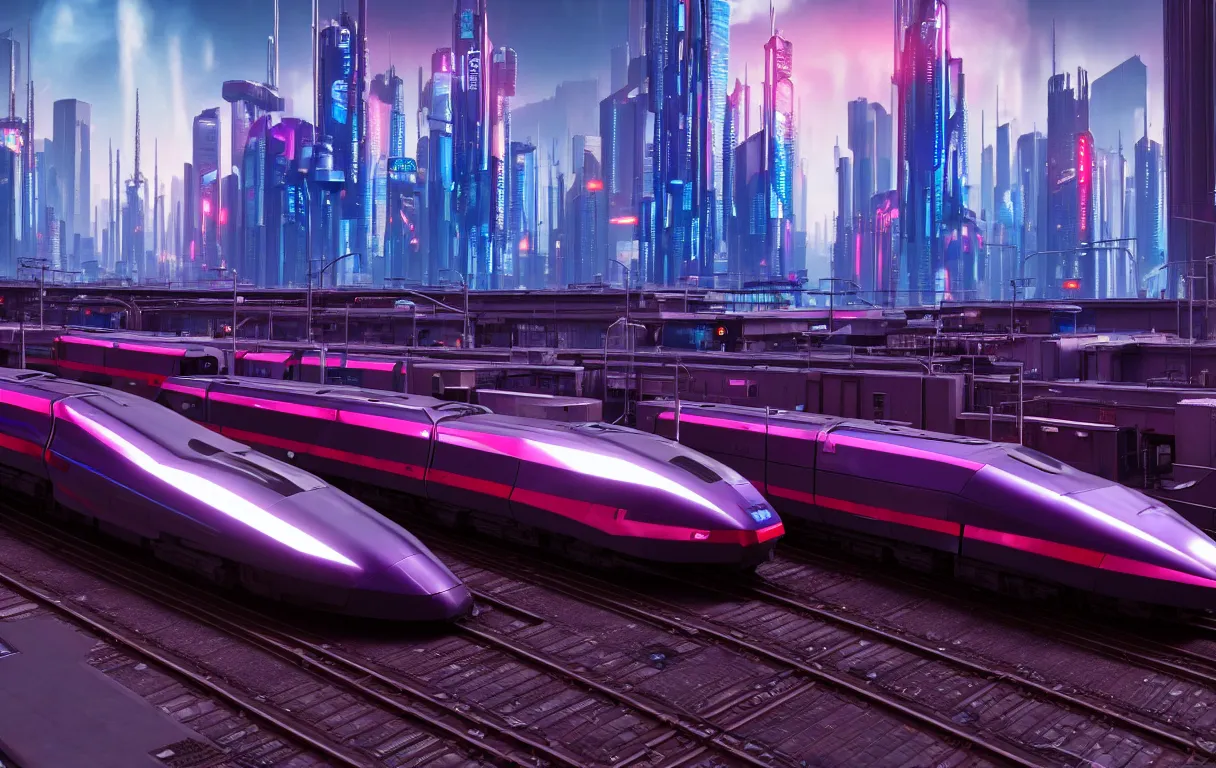Image similar to cyberpunk maglev train riding though futuristic station, futuristic cityscape in background, gorgeous lighting and metallic reflection, maroon and blue accents, 8k, large scale, high detail, side profile, star citizen area 18, origin 890 jump
