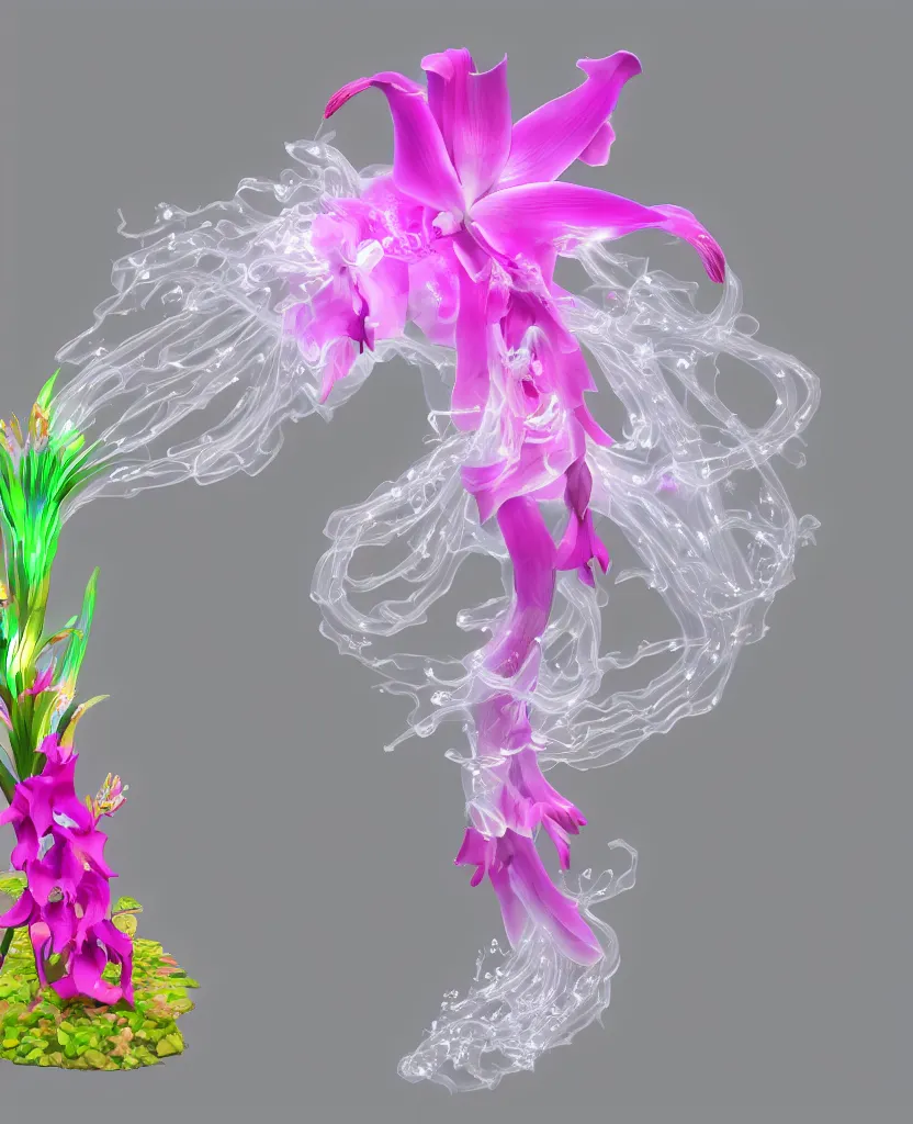 Prompt: 3 d giant orchid flower, giant gladiola and jellyfish face chakra phoenix bird, translucent, bio luminescent, plasma, smoke and water energy flow. highly detailed. octane render, excellent composition