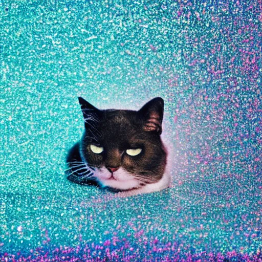 Image similar to a photo of a cat in a cloud of falling glitter, duochrome,, f 1. 4