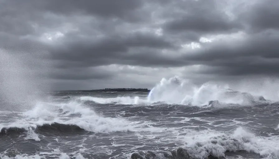 Image similar to photograph of a big incoming wave at brighton pier, dramatic, looming, hyperrealistic