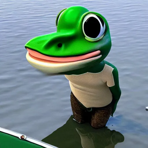 Image similar to pepe the frog, swallowing donald trump, on a boat, photorealistic, professional, photo of the day, photography, professional