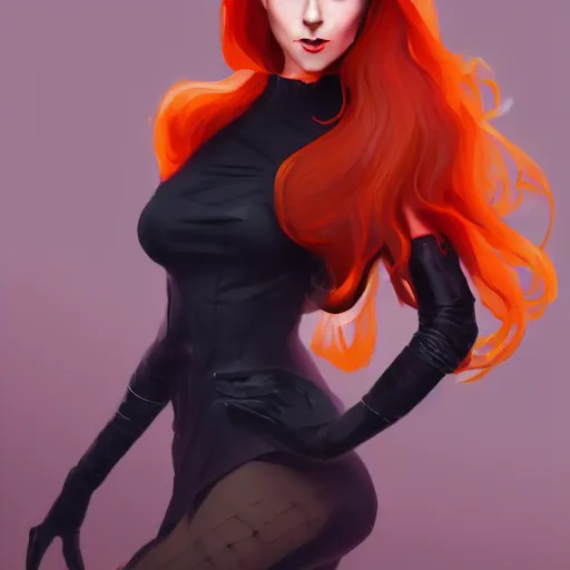 Image similar to a woman wearing black and orange clothes, full body shot, red hair, highly detailed, digital painting, artstation, concept art, smooth, sharp focus, illustration