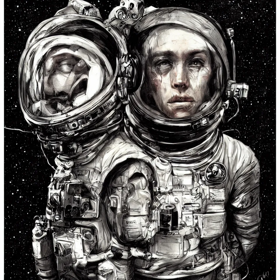 Image similar to album cover, portrait of a astronaut wearing head phones by ben templesmith, cinematic, epic composition, hd, digital painting, digital art, concept art, illustration, comic art, stylized, masterpiece, award - winning