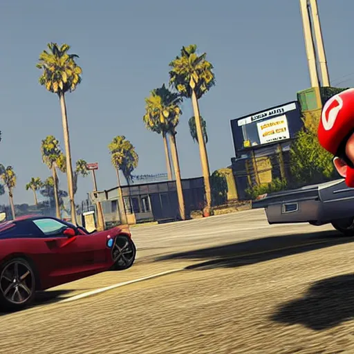 Image similar to a screenshot of GTA V with mario driving a car