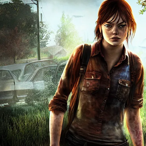 Image similar to emma stone in the last of us, apocalyptic background