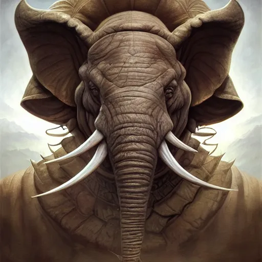 Image similar to fantasy portrait, portly elephant man, wearing loincloth, seven pointed star, rpg game, main character, detailed, digital painting, artstation, sharp focus, illustration, tomasz alen kopera, peter mohrbacher, donato giancola, joseph christian leyendecker, wlop, frank frazetta