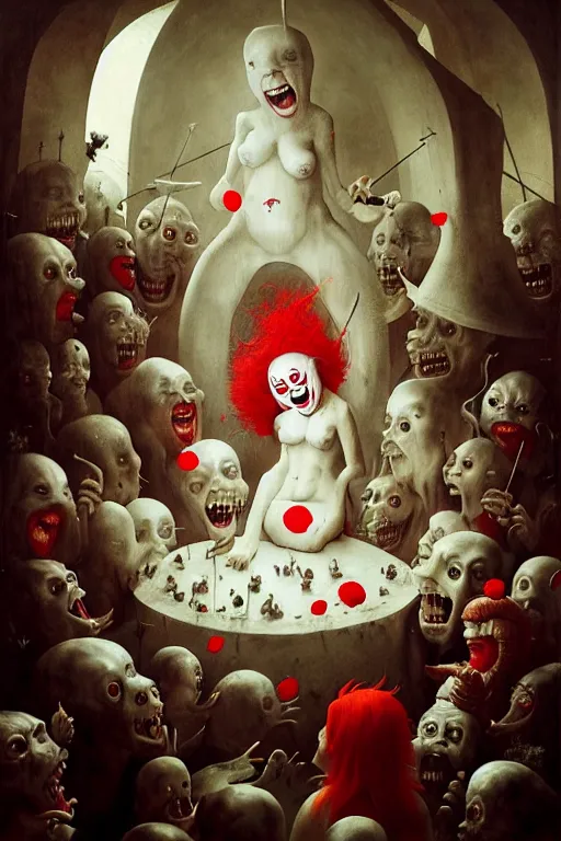 Prompt: hieronymus bosch, greg rutkowski, anna podedworna, painting of thousands of white blobs with red hair laughing at a female vampire clown in a vr headset