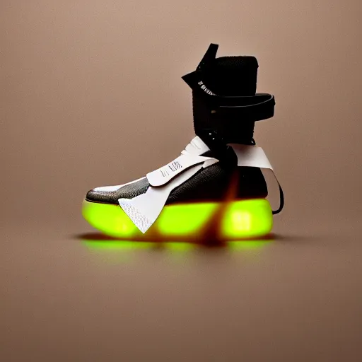 Image similar to a studio photoshoot of Nike Air Mag x Off-white sneakers designed by Virgil Abloh, leather and transparent knitted mesh material, glowing light outsole, realistic, color film photography by Tlyer Mitchell, 35 mm, Graflex