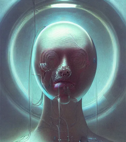 Image similar to portrait of girl melting with machine by wayne barlowe and zdislaw beksinski