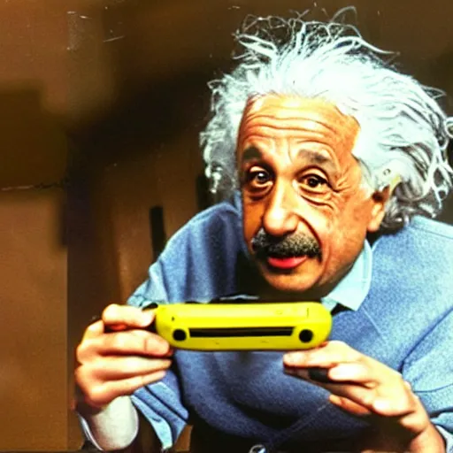 Prompt: Albert Einstein playing on gameboy color in waiting room