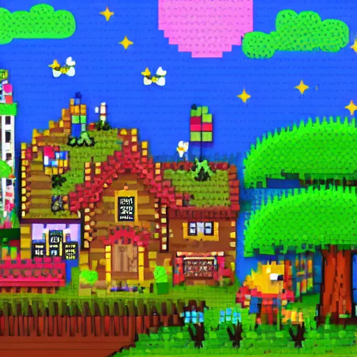 Image similar to sunny magical village with fairies and animals and plants and brewery and mill and giant sleeping next to it, pixel art