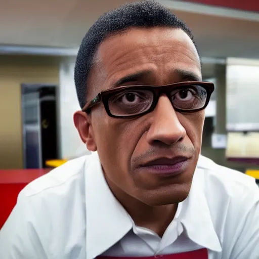 Image similar to Gustavo Fring from breaking bad working at MC Donalds, realistic, photoreal, upclose, portrait, 4k