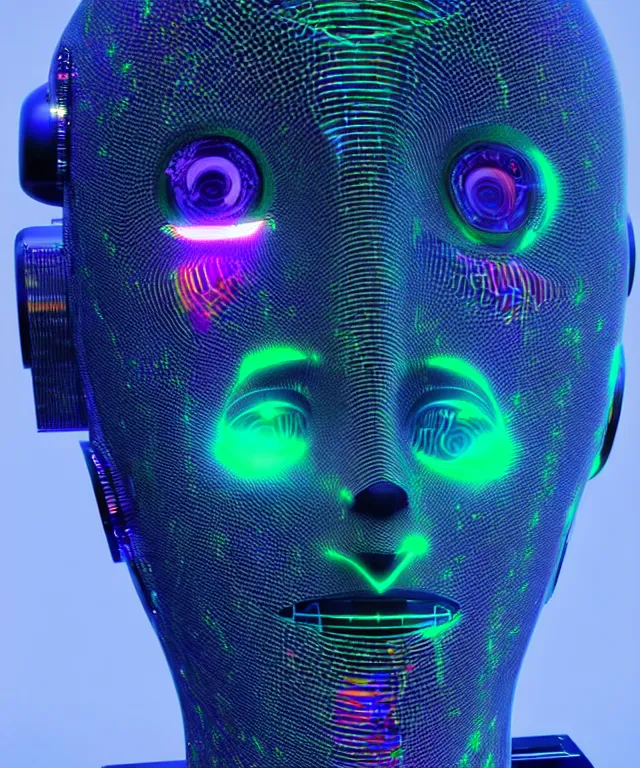 Prompt: a robotic head with artificial intelligence, connected to a lot of iridescent cables, generating the most beautiful image in a holographic monitor, in the style of Oscar chichoni and Peter mohrbacher and Dawid planet