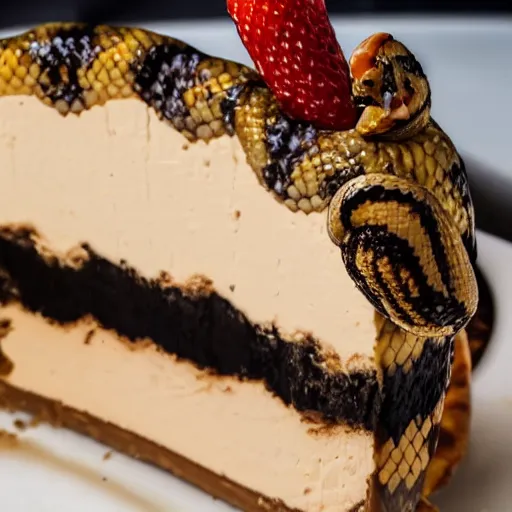 Image similar to close view of a delicious sweet and perfect snake cheesecake piece, snake pieces on top, snake slices on top, snake head, award winning, 4 k, beautiful