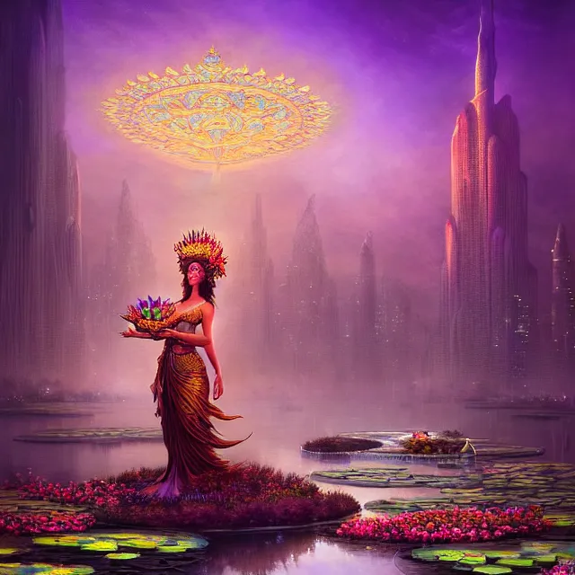 Image similar to Beautiful 3d render of the flower queen goddess near a pond full of lotus, atmospheric lighting, painted, intricate, volumetric lighting, beautiful, rich deep colours masterpiece, sharp focus, ultra detailed, in the art style of Dan Mumford and marc simonetti, with a clear crowded futuristic cyberpunk dubai city in the background, astrophotography