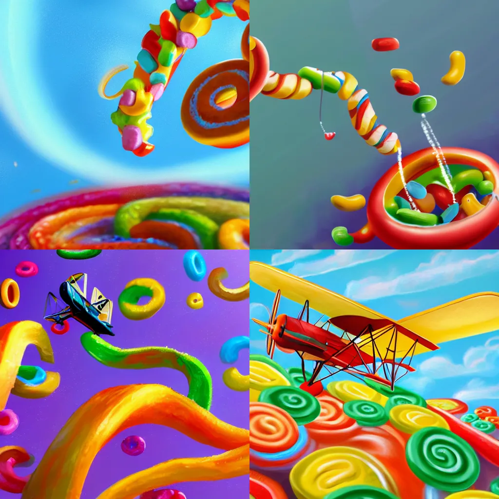 Prompt: a biplane flying through giant fruit loop cereals, close up action shot, artstation digital concept painting