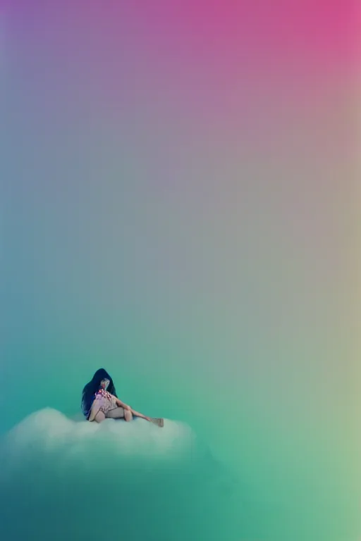 Image similar to high quality pastel coloured film photograph of a model wearing clothing resting on cloud furniture in a icelandic black rock environment in a partially haze filled dreamstate world. three point light, rainbow. photographic production. art directed. pastel colours. volumetric clouds. pastel gradient overlay. waves glitch artefacts. 8 k. filmic.